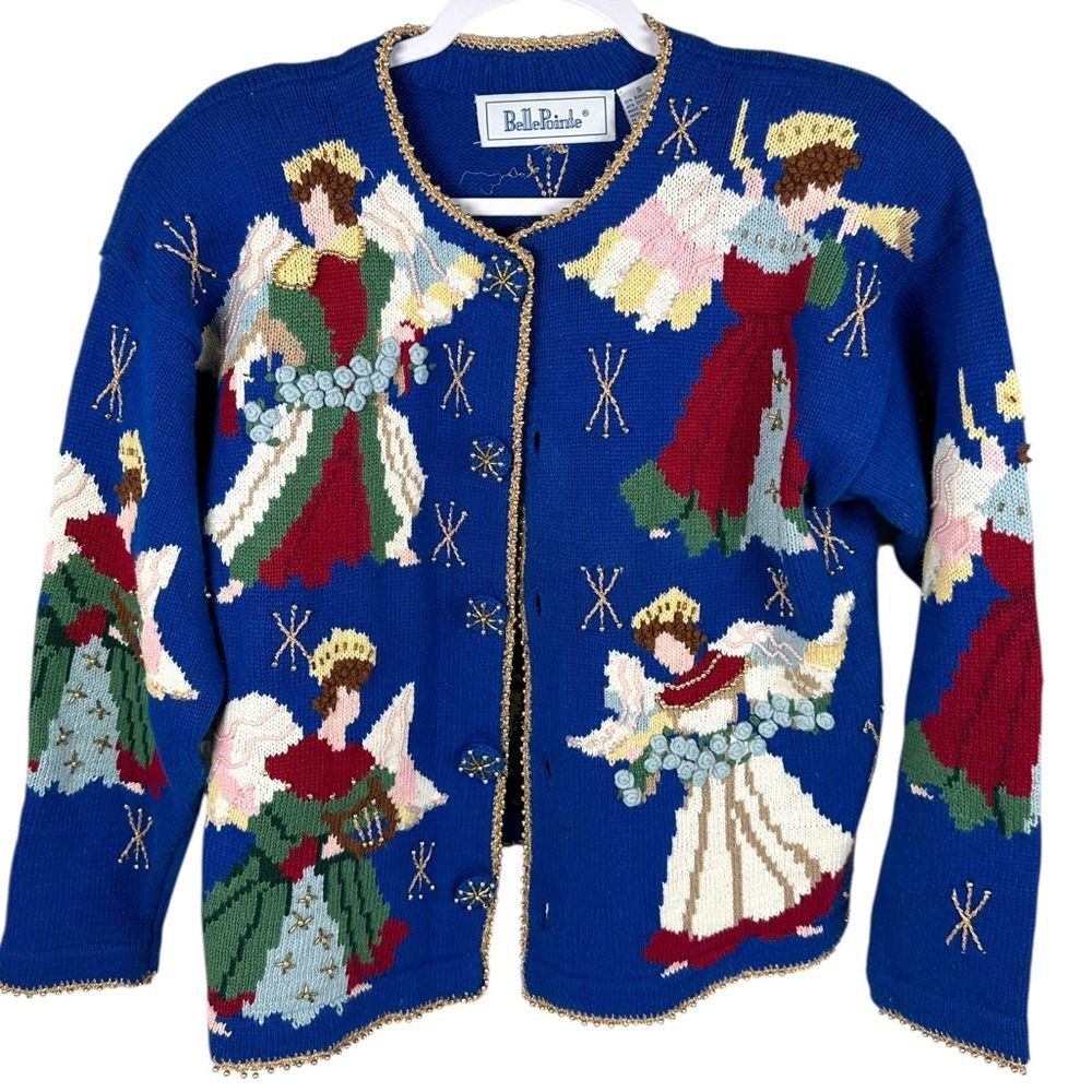 Vintage Belle Pointe Blue Angel Intarsia Holiday Novelty Cardigan Sweater Small